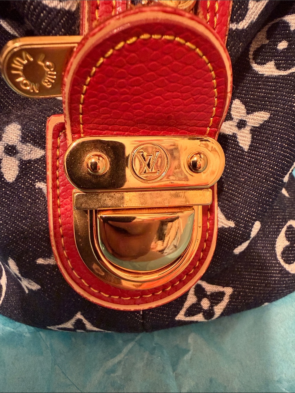 Vintage Louis Vuitton Blue Denim Monogram Satchel with Red Leather Trim - Picture 4 of 5
